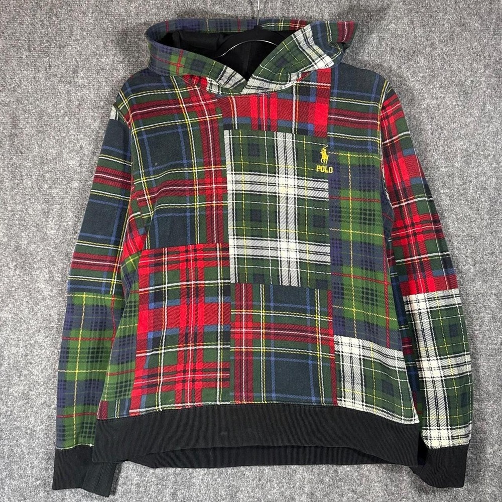 Polo Ralph Lauren Plaid Patchwork Hoodie Multi Color Youth XL Fits Adult Medium